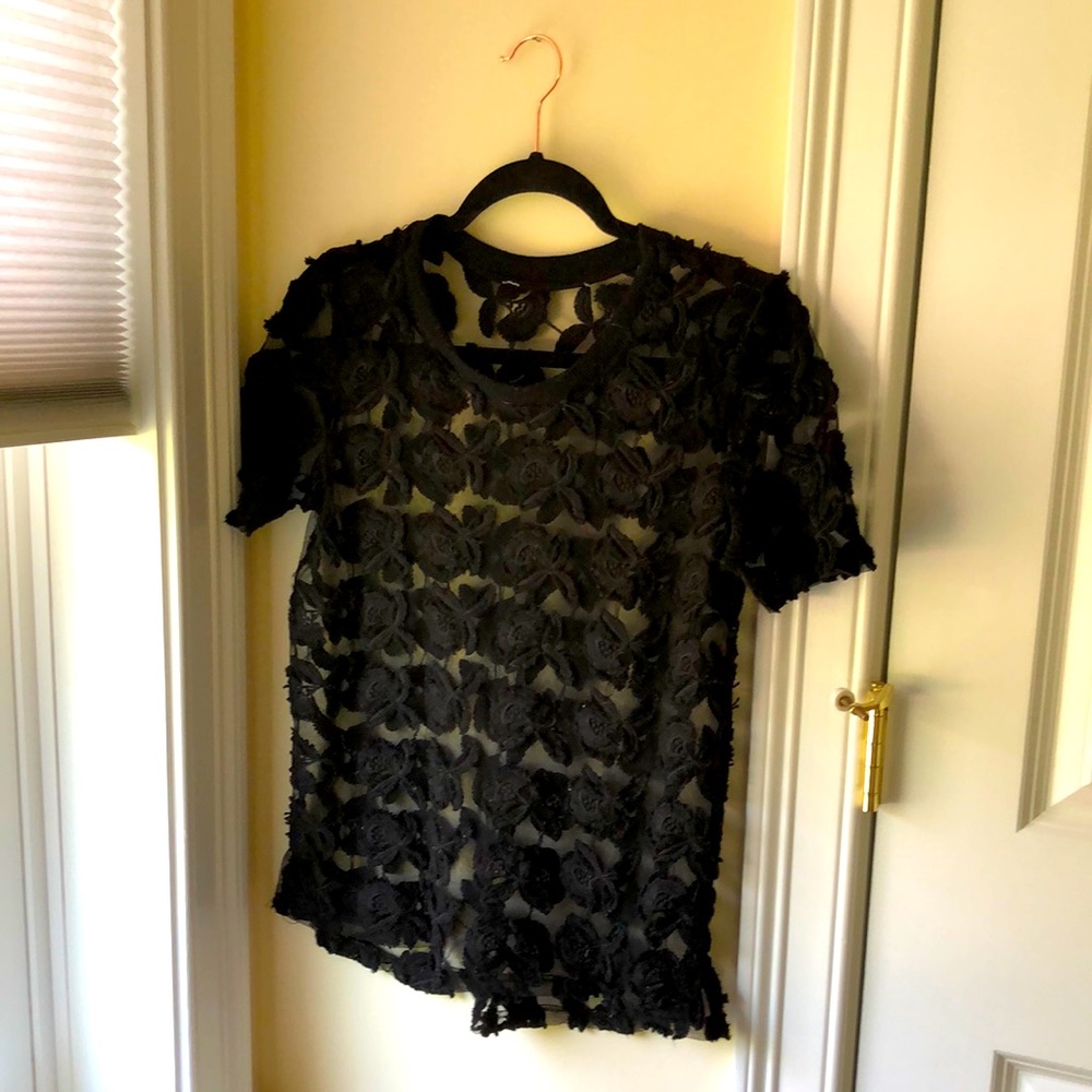 Sheer embroidered floral top with jersey neckline